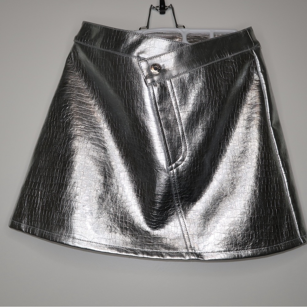 Torn by Ronny Kobo Asymmetrical Faux Leather SIlver Mini Skirt